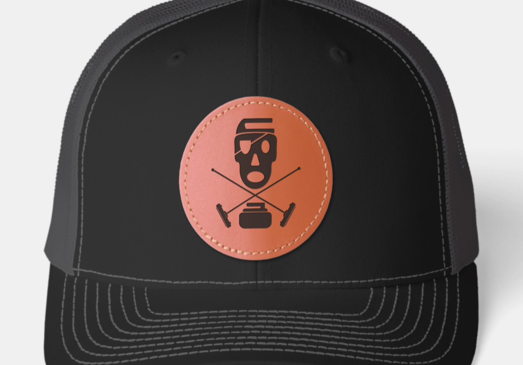 Zazzle Curling Skull & Brooms Leather Patch Trucker Hat (Front)